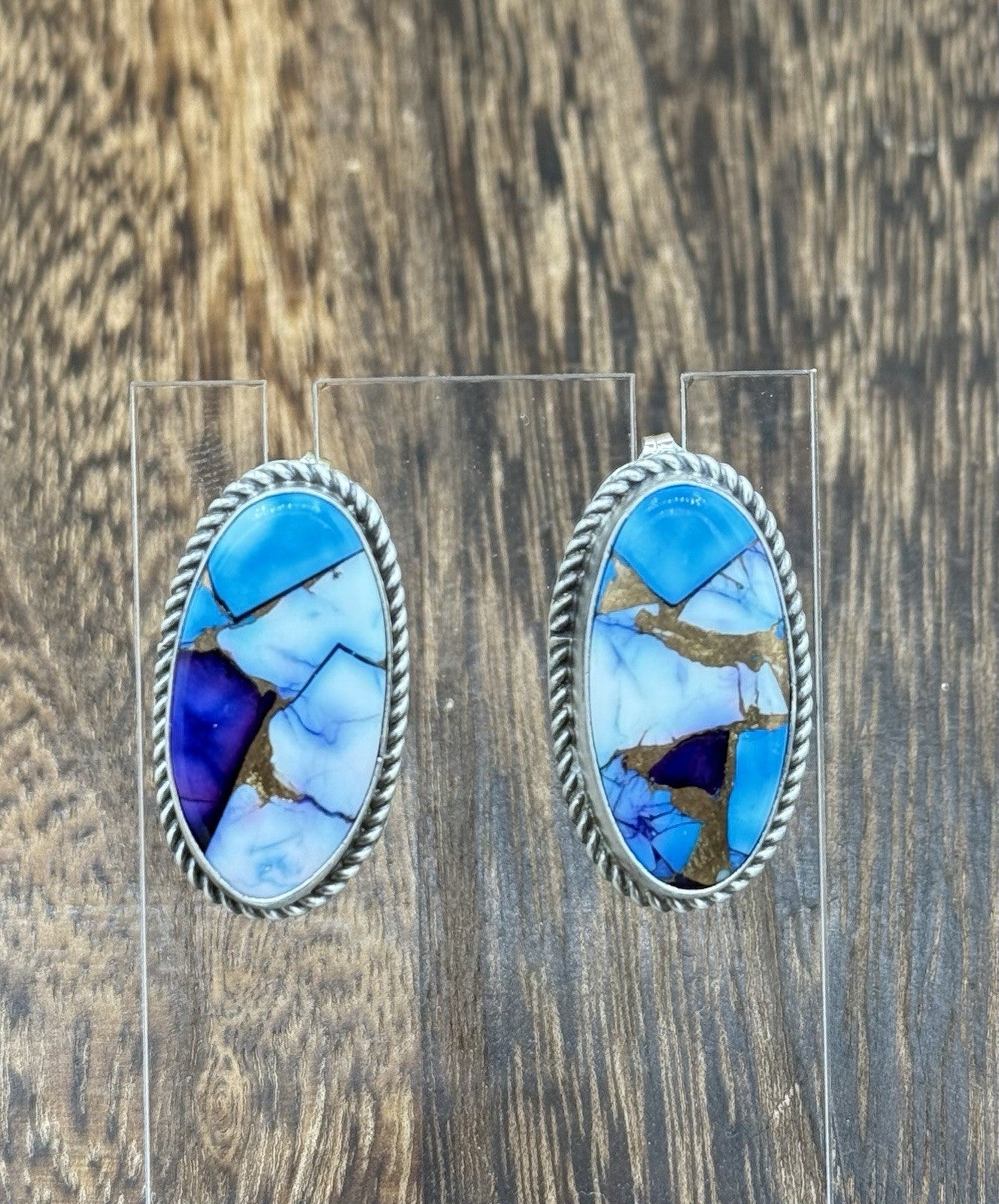 Navajo Handmade Sterling Silver Violet Rose & Blue Dahlia Post Earrings Letricia