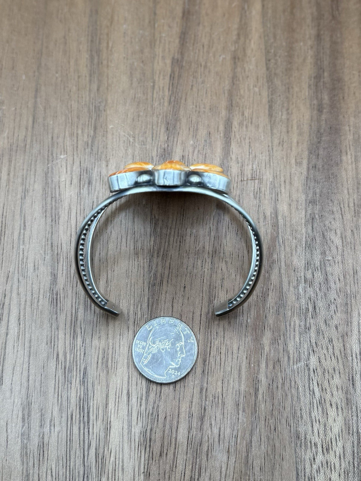 Navajo Handmade Sterling Silver Orange Spiny Oyster Cluster Cuff Bracelet