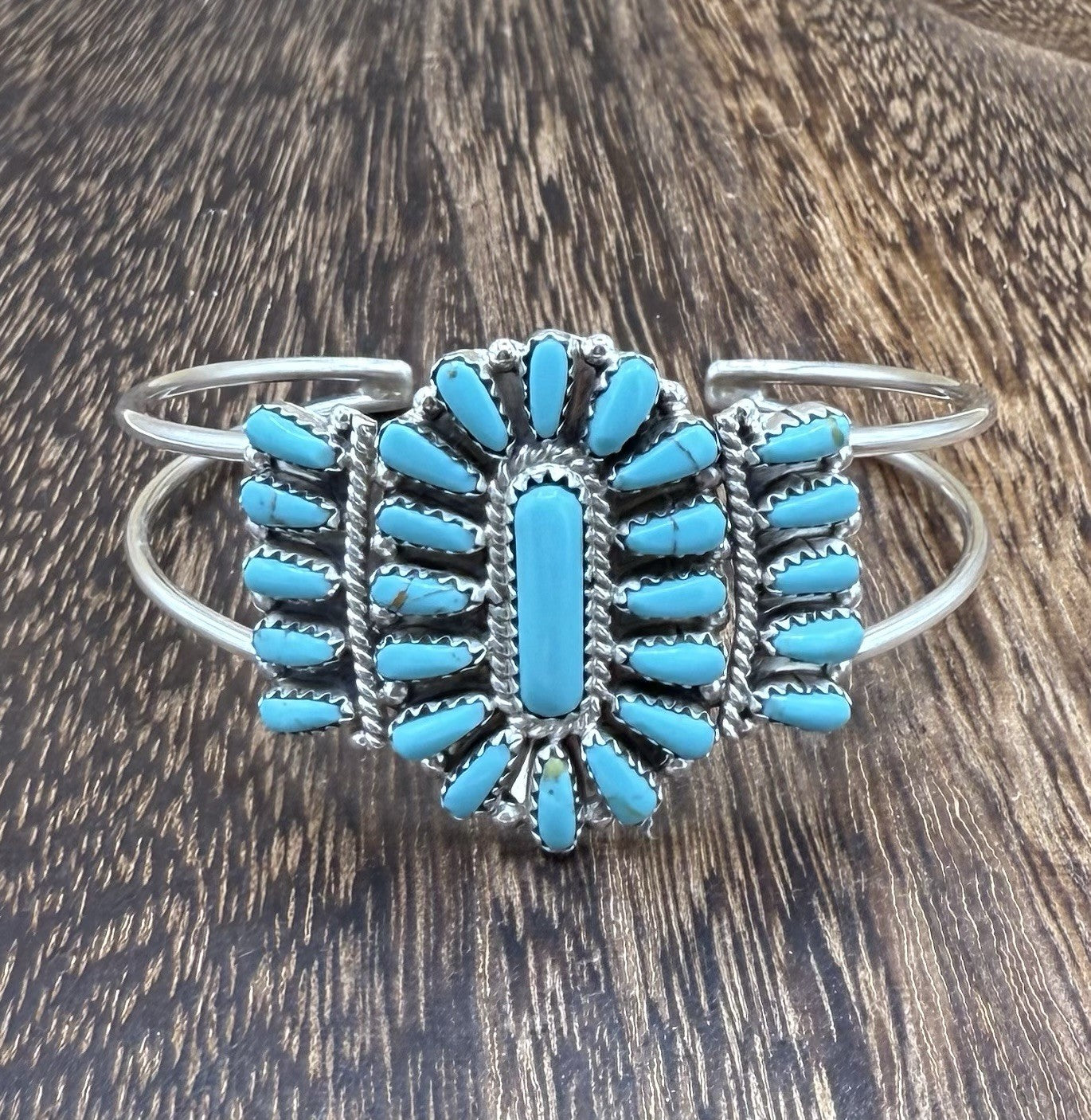 Navajo Handmade Sterling Silver Turquoise Traditional Cluster Cuff Bracelet