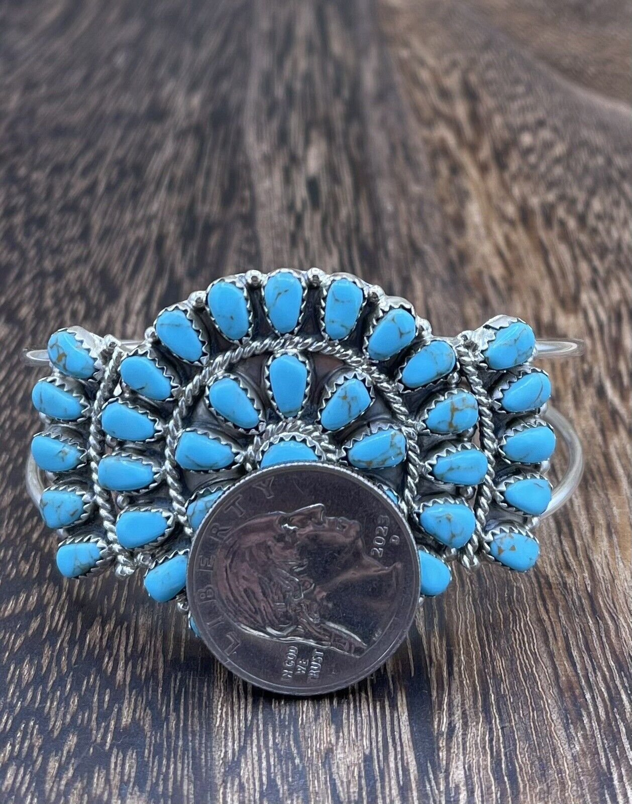 Native American Navajo Handmade Sterling Silver Turquoise Cluster Cuff Bracelet