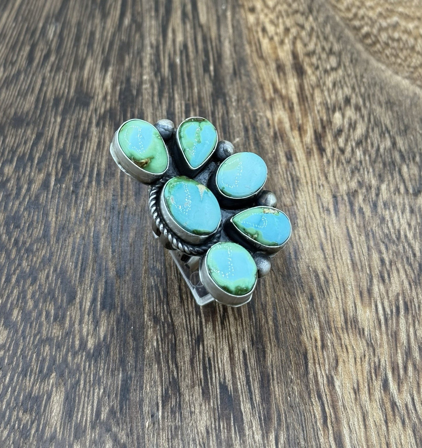 Navajo Handmade Sterling Silver Sonoran Gold Turquoise Half Cluster Ring Size 8