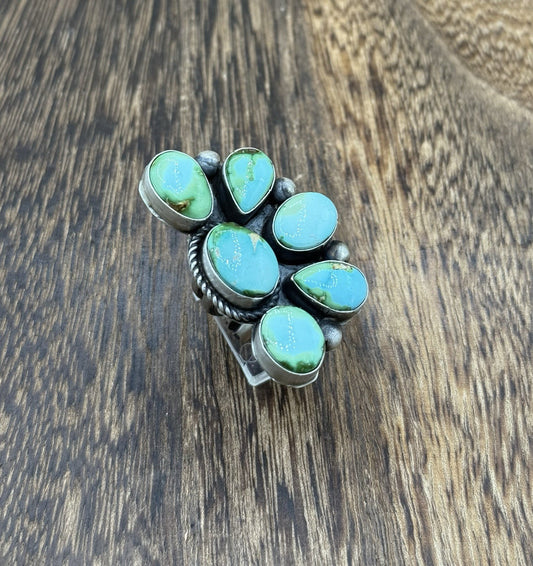 Navajo Handmade Sterling Silver Sonoran Gold Turquoise Half Cluster Ring Size 8