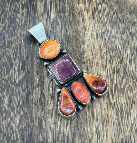 Native Navajo Handmade Sterling Silver Multi Spiny Oyster Shell Cluster Pendant