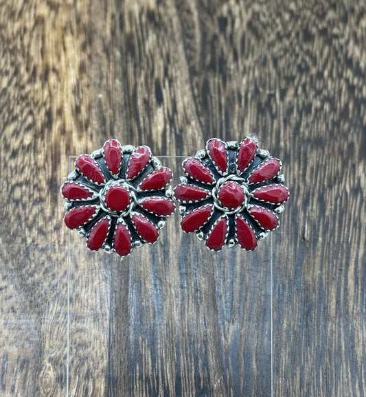 Native American Navajo Handmade Sterling Silver Red Coral Cluster Stud Earrings