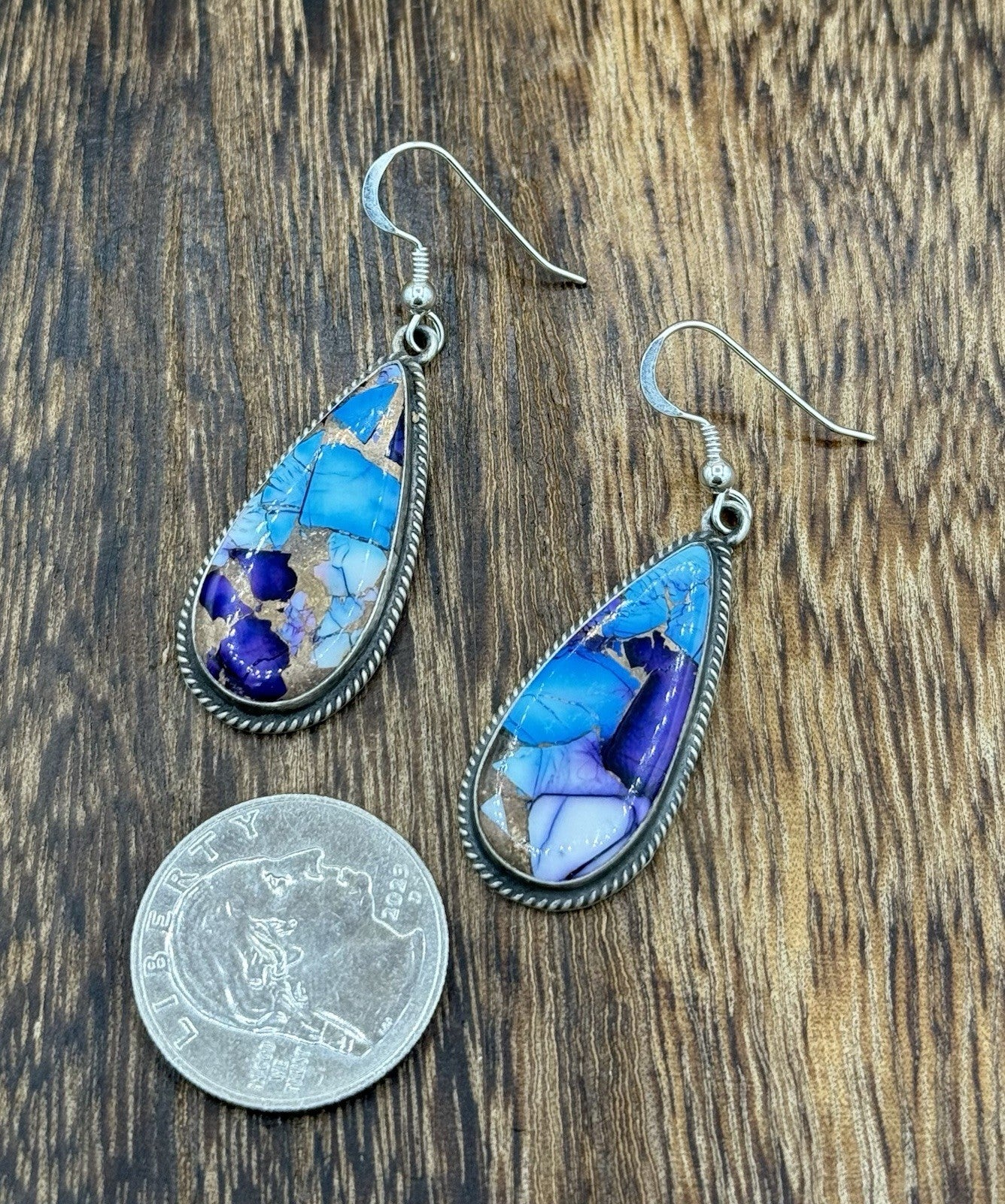 Navajo Handmade Sterling Silver Violet Rose & Blue Dahlia Dangle Drop Earrings