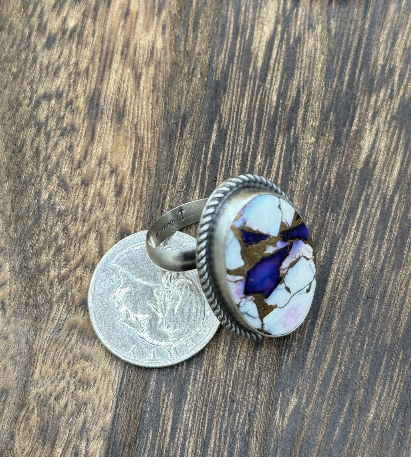 Navajo Handmade Sterling Silver Violet Rose Adjustable Ring  Size 7 To 10