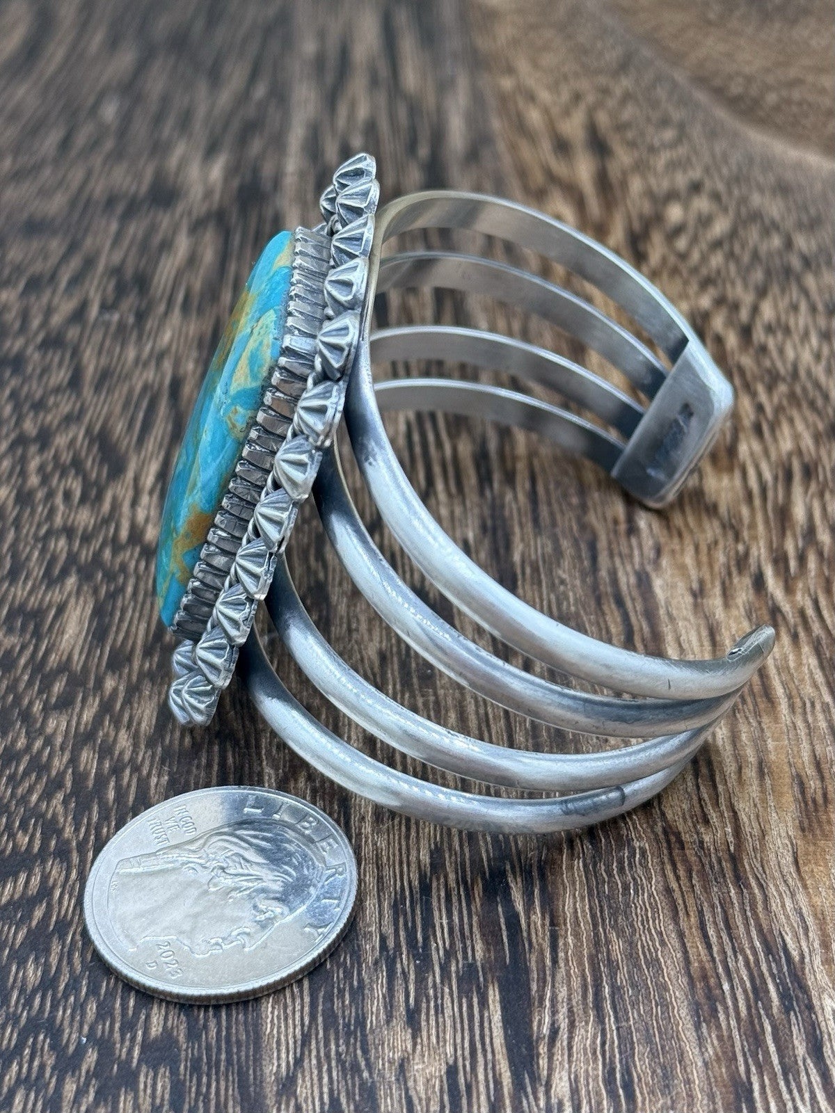 Native Navajo Handmade Sterling Silver Royston Turquoise Old Look Cuff Bracelet