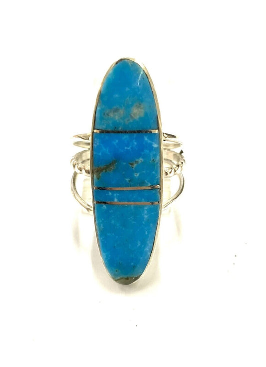 Native American Sterling Silver Navajo Handmade Inlay Turquoise Ring Size 7.5