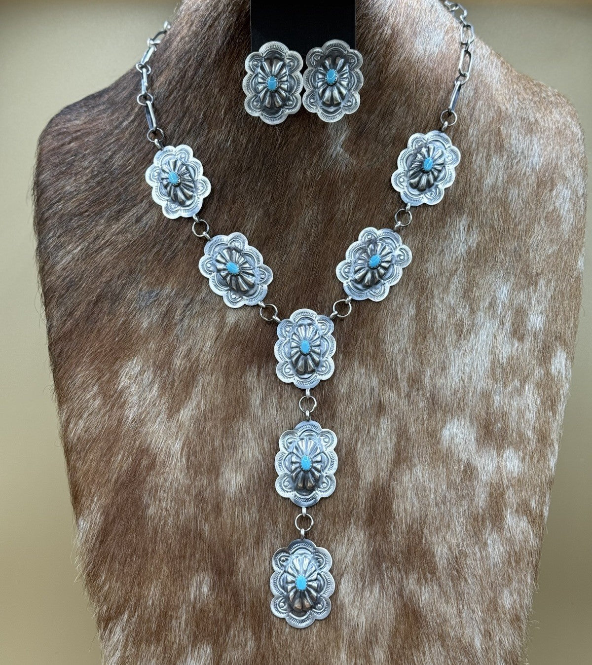 Navajo Handmade Sterling Silver Stamped Concho Turquoise Lariat Necklace Set 20”