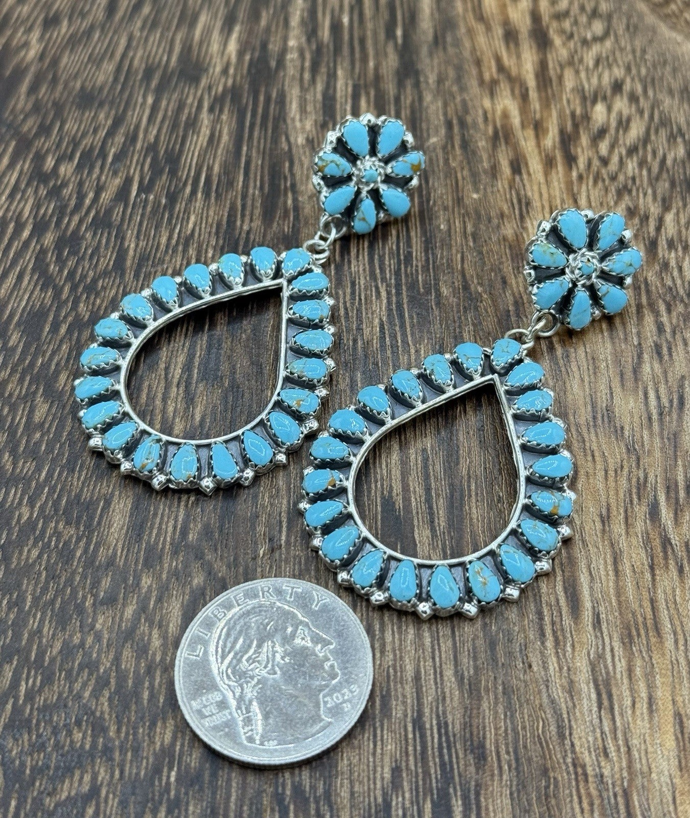 Navajo Handmade Sterling Silver Turquoise Cluster Post Drop earrings Large