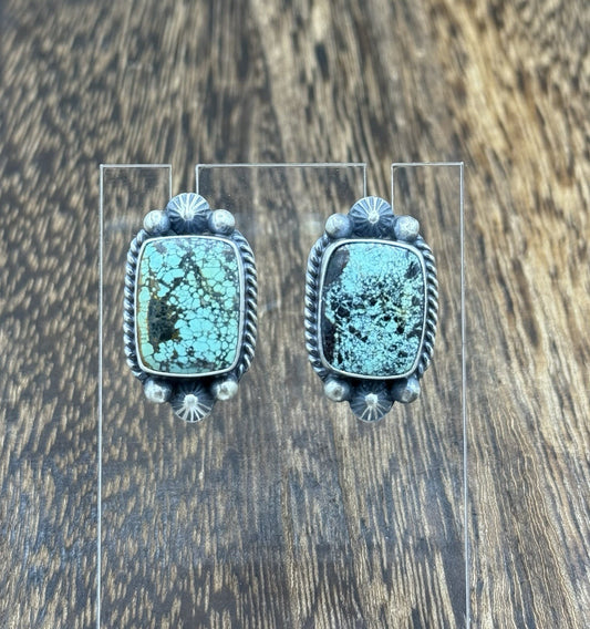 Navajo Handmade Sterling Silver Blackjack Turquoise Old Look Post Stud Earrings