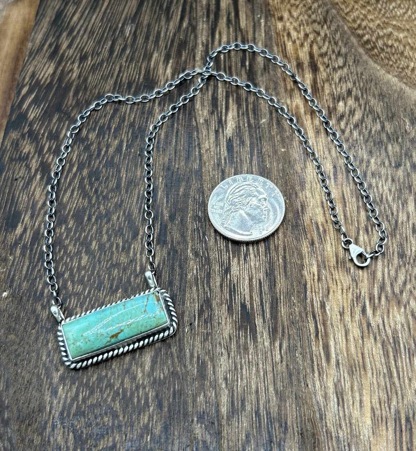 Navajo Handmade Sterling Silver Kingman Turquoise Bar Necklace 16”
