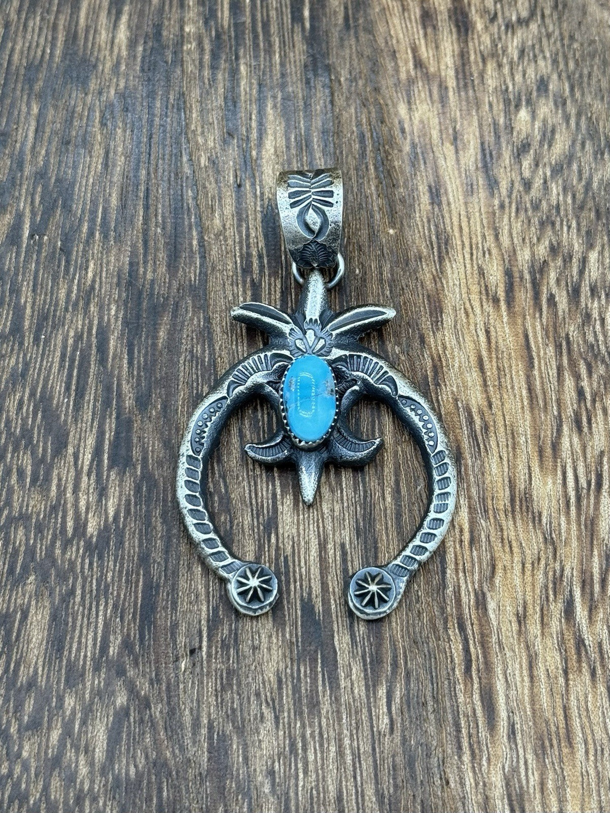 Native American Navajo Handmade Silver Old Look Kingman Turquoise Naja Pendant