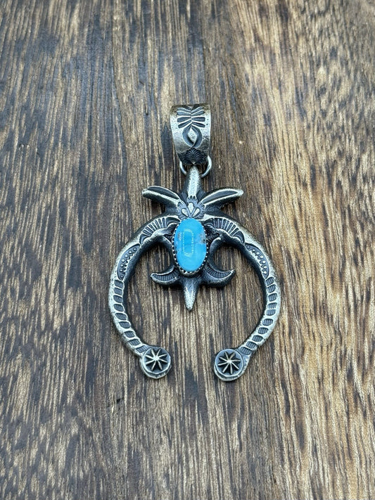 Native American Navajo Handmade Silver Old Look Kingman Turquoise Naja Pendant