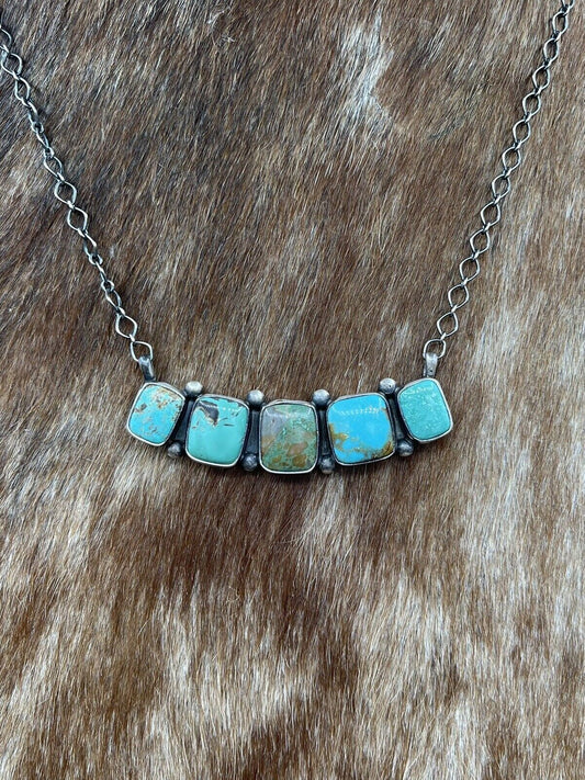 Native American Navajo Handmade Sterling Silver Mixed Turquoise Bar Necklace 18”