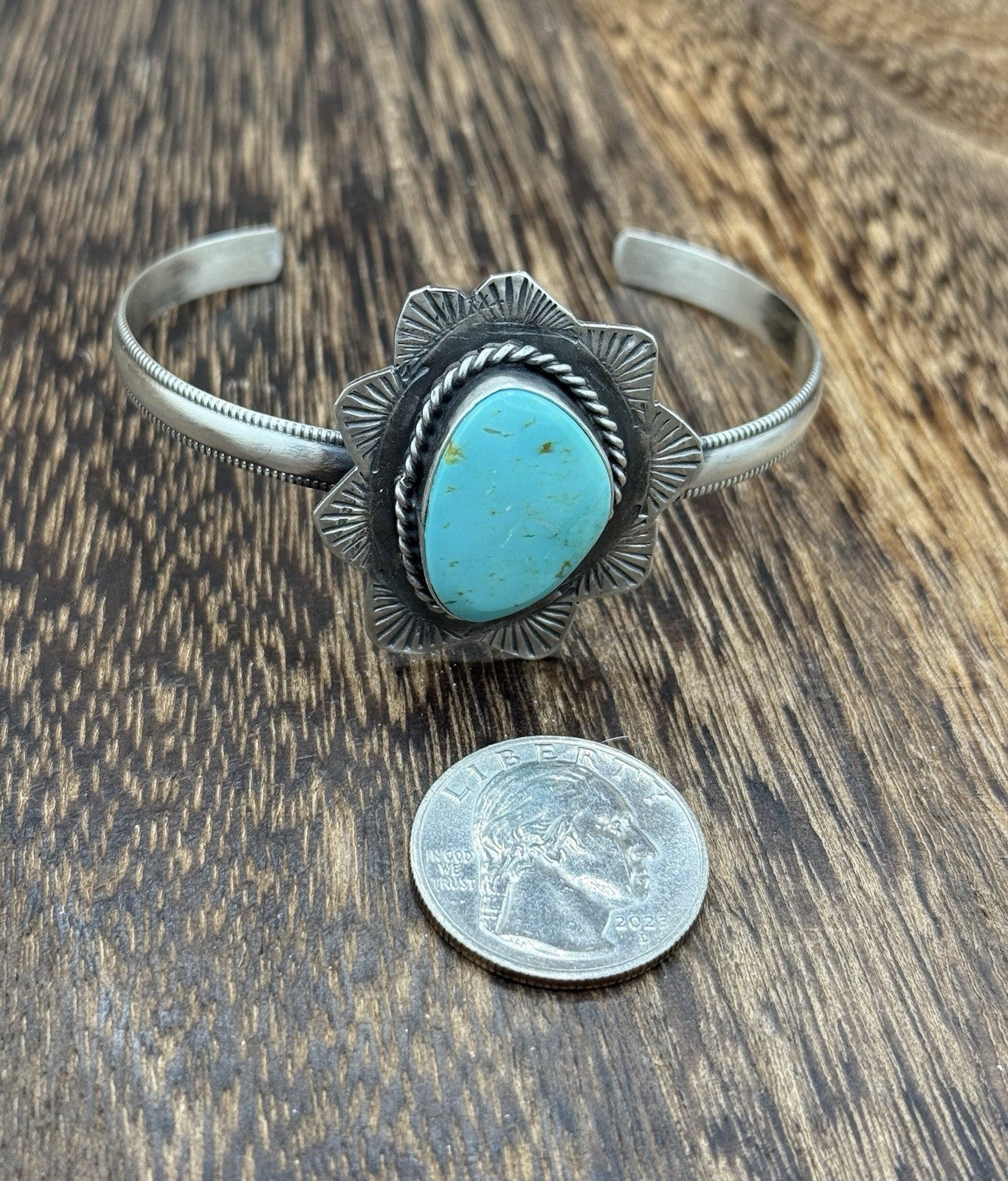 Native Navajo Handmade Sterling Silver Kingman Turquoise Cuff Stamped Bracelet