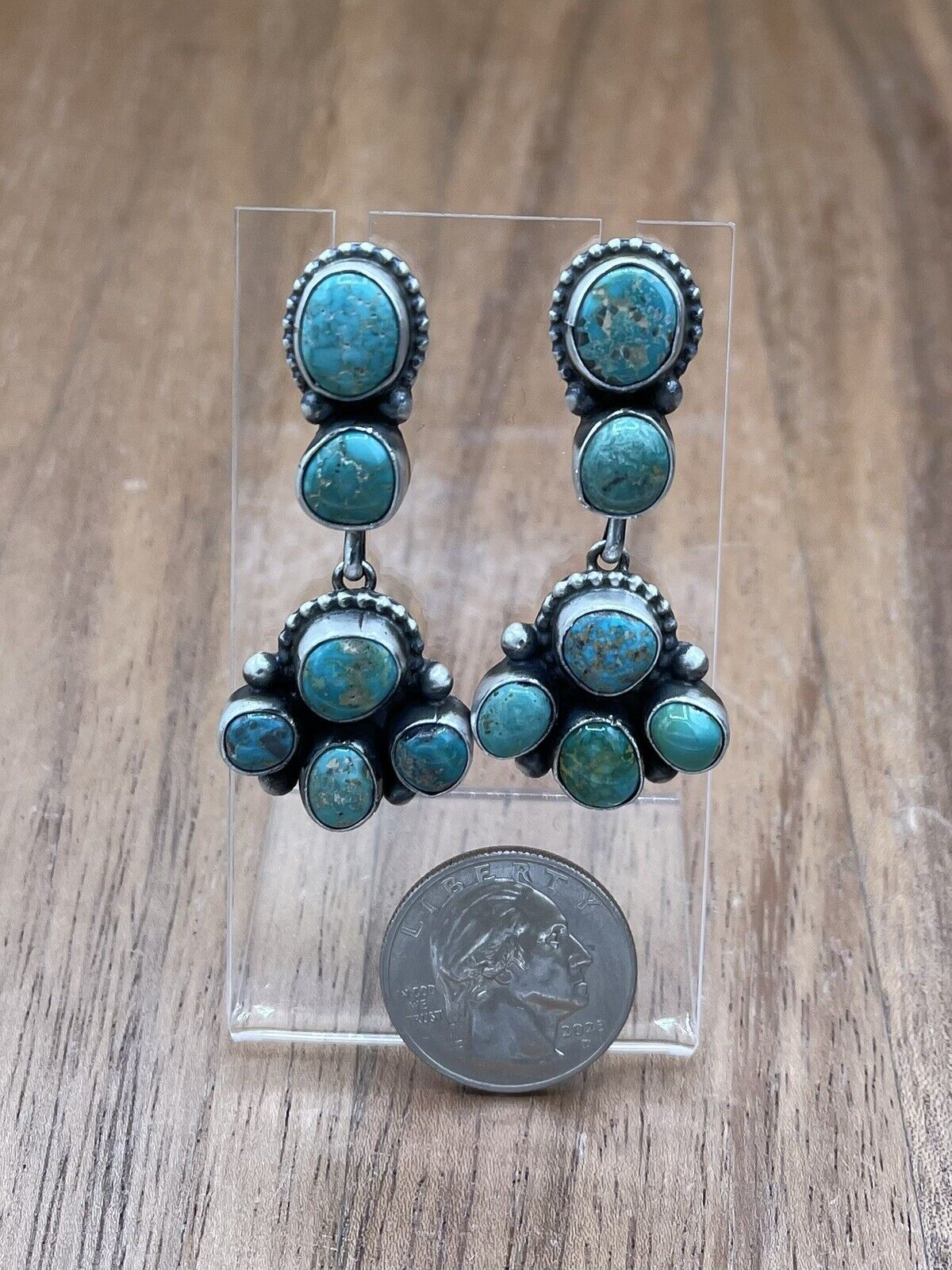 Native American Navajo Handmade Silver Kingman Turquoise Dangle Cluster Earrings