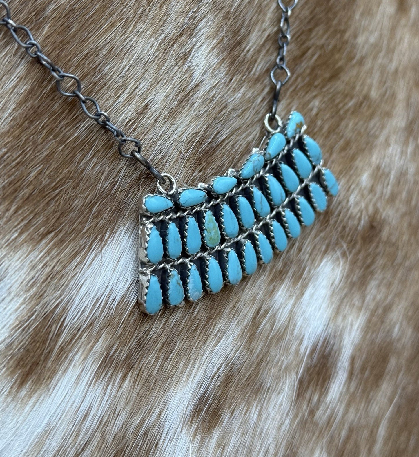 Native Navajo Handmade Sterling Silver Turquoise Cluster Bar Necklace 18”