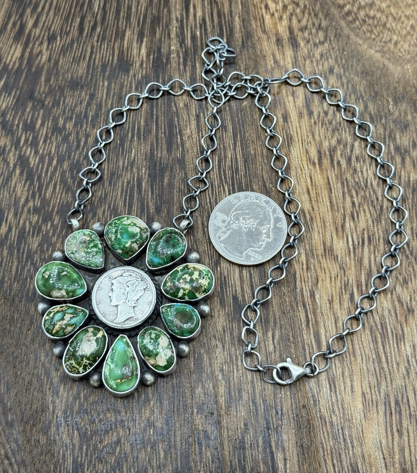 Navajo Handmade Silver Sonoran Gold Turquoise Liberty Coin Cluster Necklace 18”