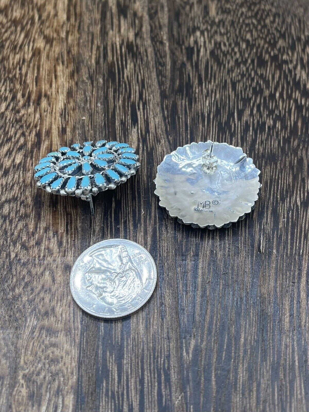 Native American Navajo Handmade Sterling Silver Turquoise Cluster Post earrings