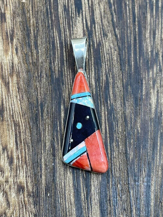 Native American Navajo Handmade Sterling Silver Multi Stone Inlay Pendant