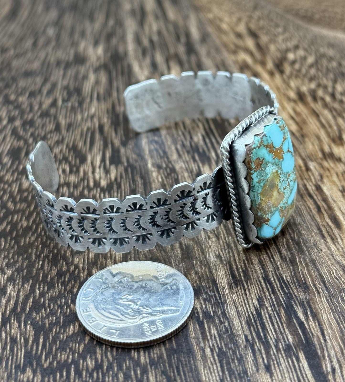 Navajo Handmade Sterling Silver Royston Turquoise Stacker Cuff Bracelet