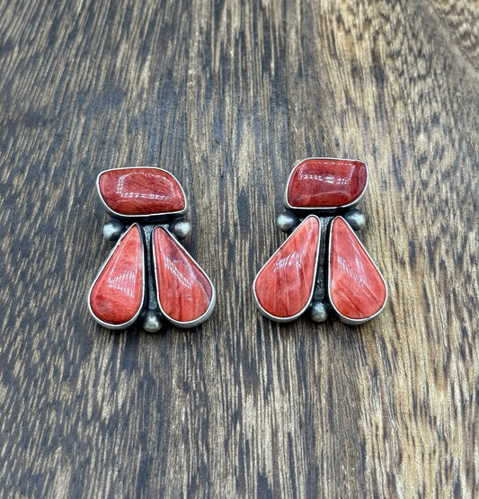 Navajo Handmade Sterling Silver Red Spiny Oyster Shell Post Cluster Earrings
