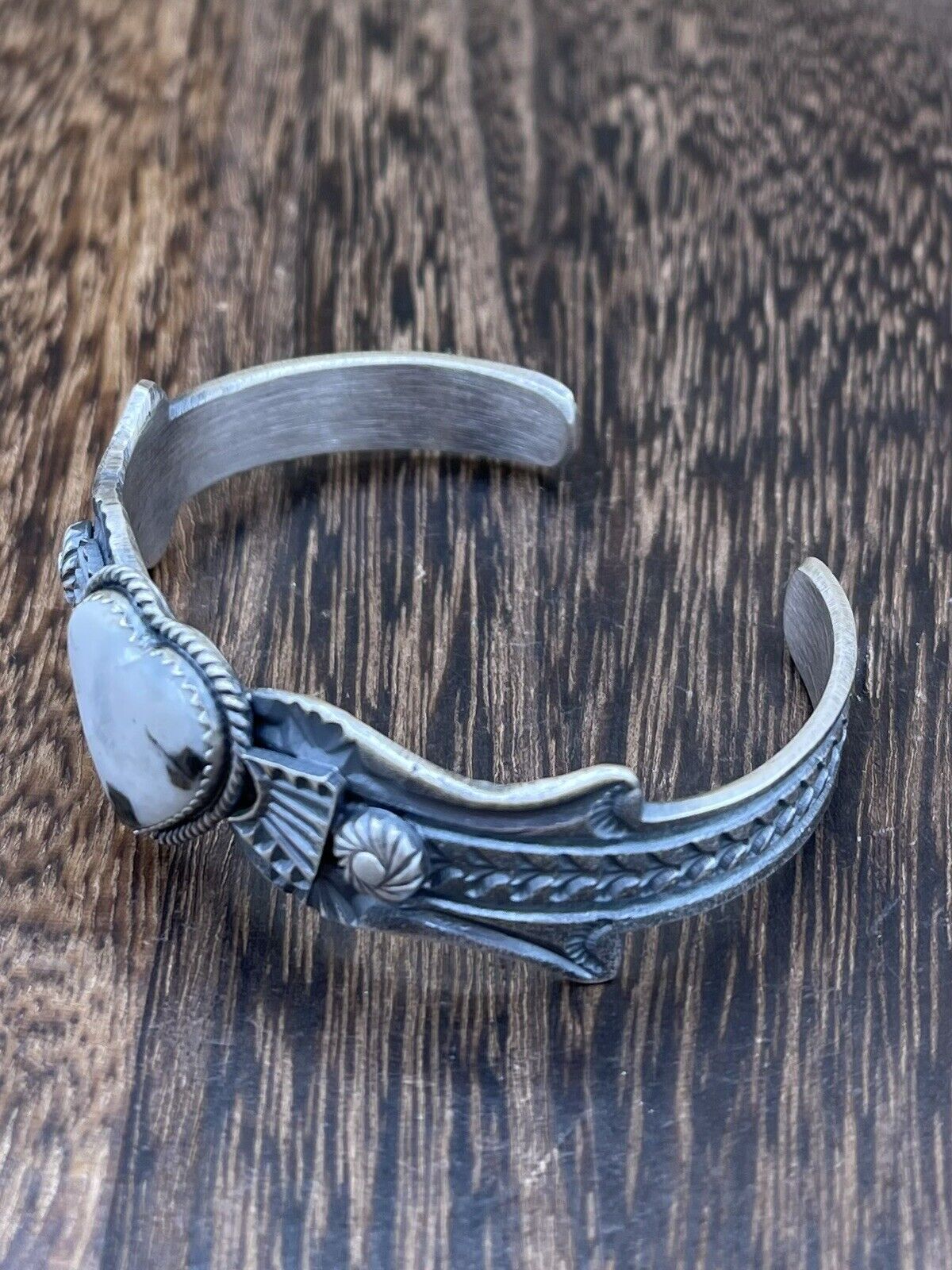 Native American Navajo Handmade Sterling Silver White Buffalo Old look Bracelet