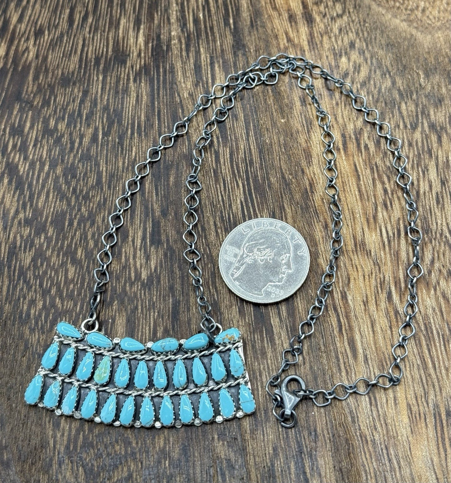 Native Navajo Handmade Sterling Silver Turquoise Cluster Bar Necklace 18”