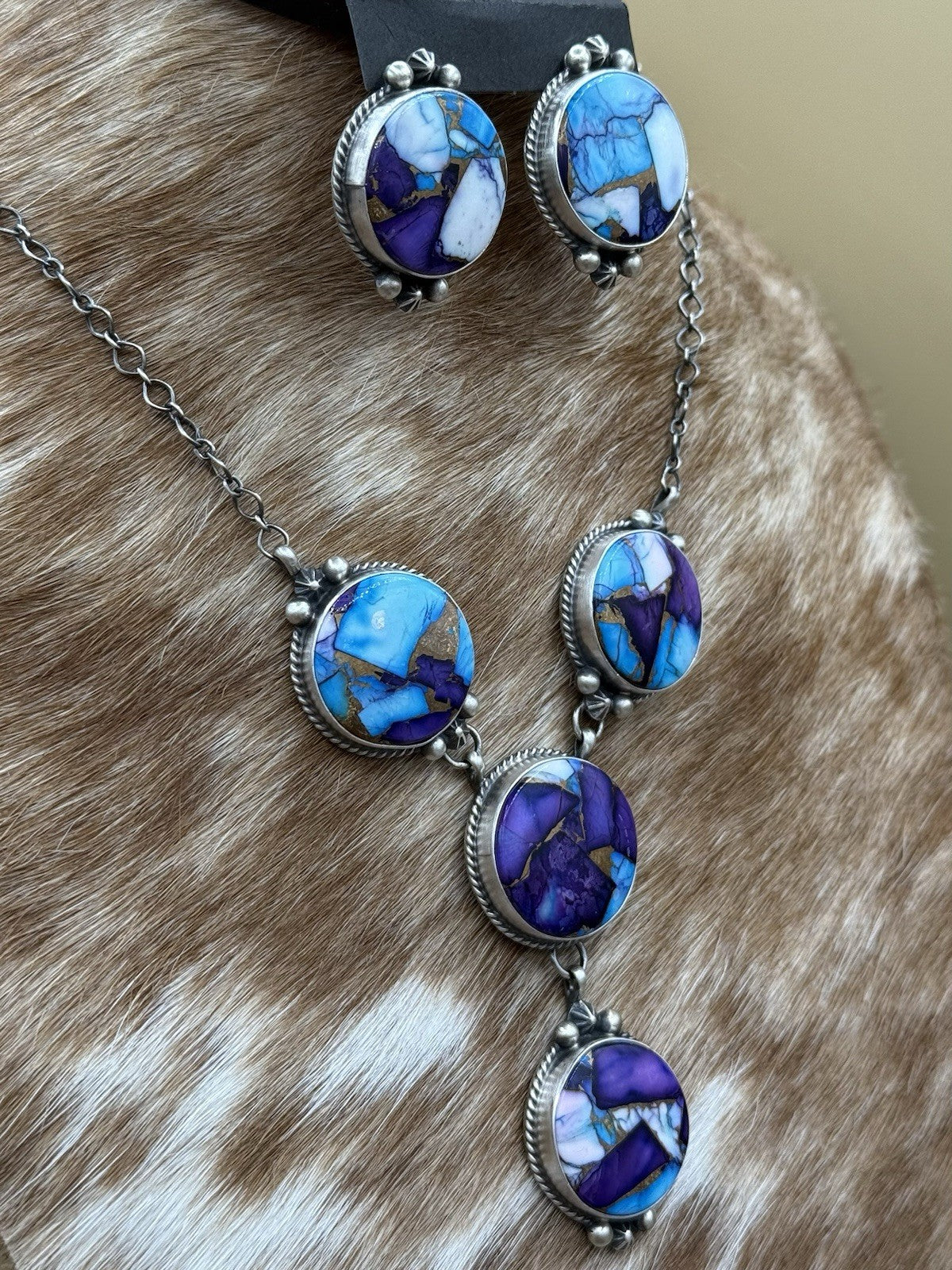 Navajo Handmade Sterling Silver  Violet Dahlia Rose Lariat Necklace Set 18”