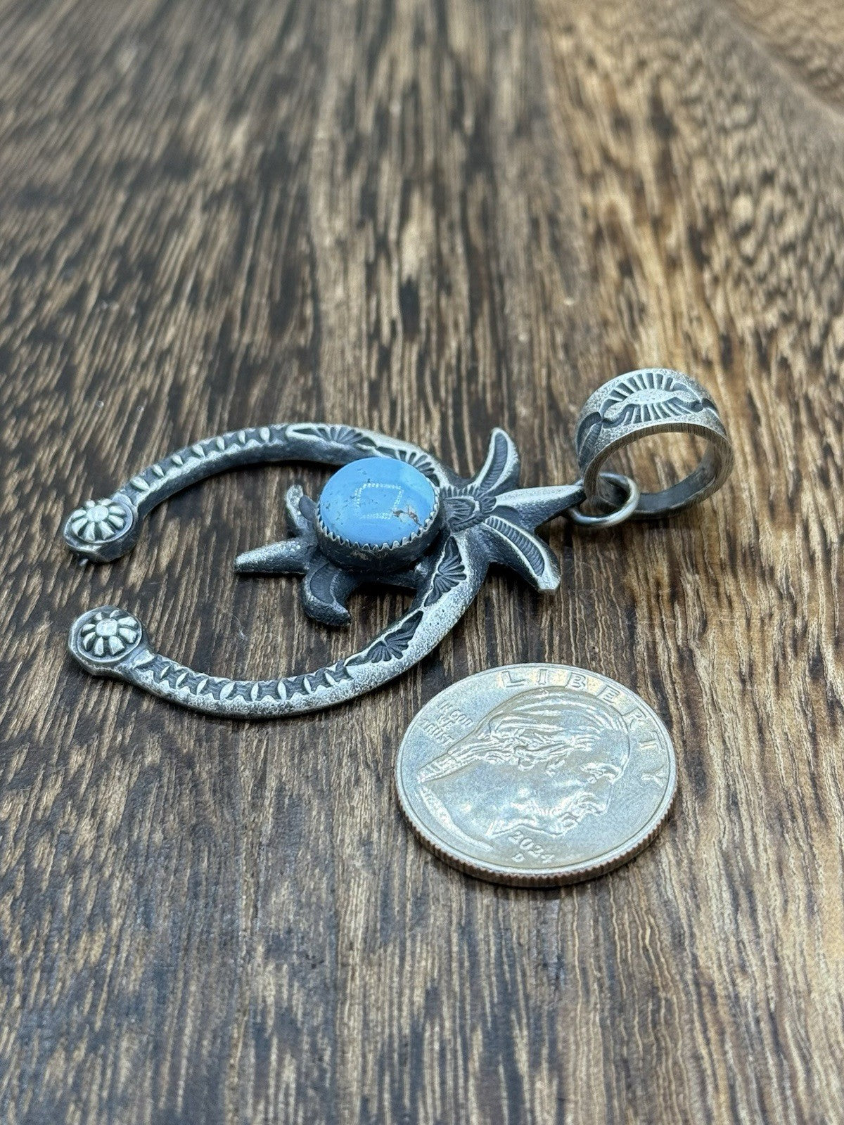 Navajo Handmade Sterling Silver Old Look Golden Hills Turquoise Naja Pendant