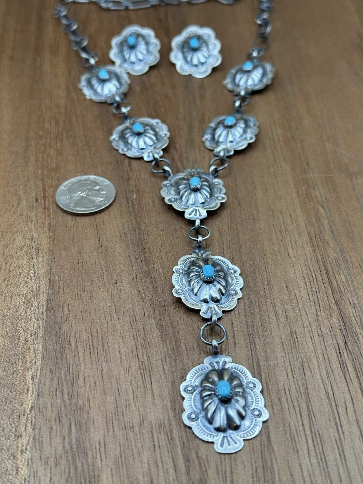 Navajo Handmade Sterling Silver Stamped Concho Turquoise Lariat Necklace Set 24”