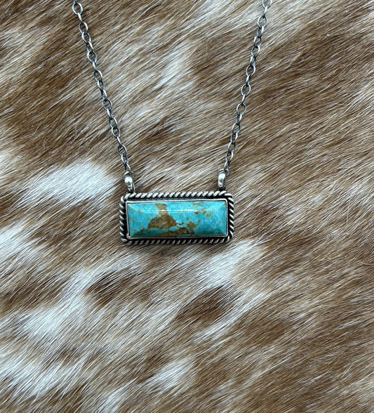 Navajo Handmade Sterling Silver Kingman Turquoise Bar Necklace 16”