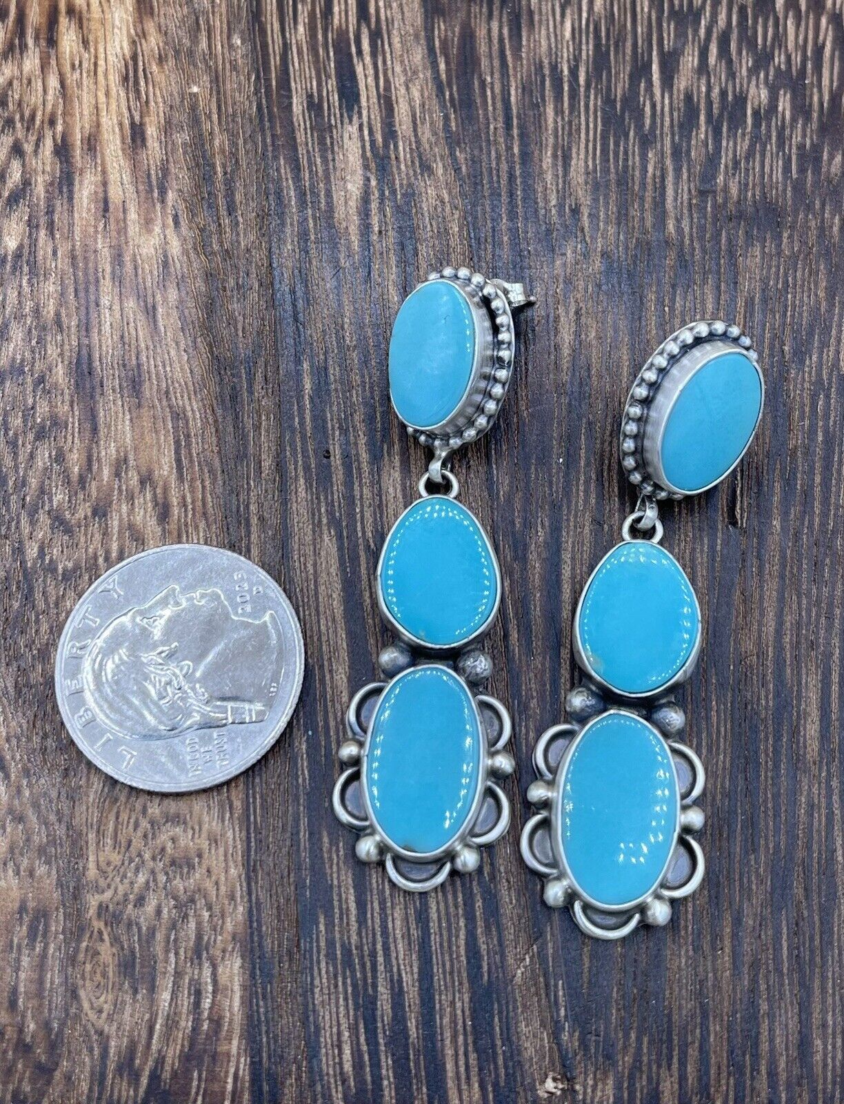 Native American Sterling Silver Navajo Handmade Turquoise Post Dangle Earrings