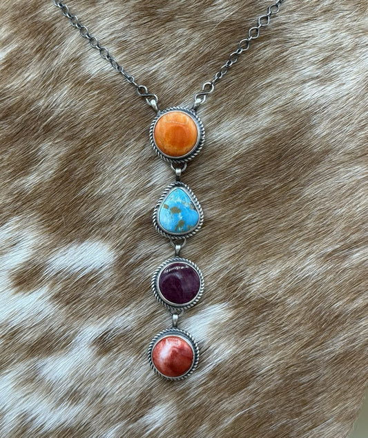 Navajo Handmade Sterling Silver Multi Color Mixed Stone Lariat Necklace 18”