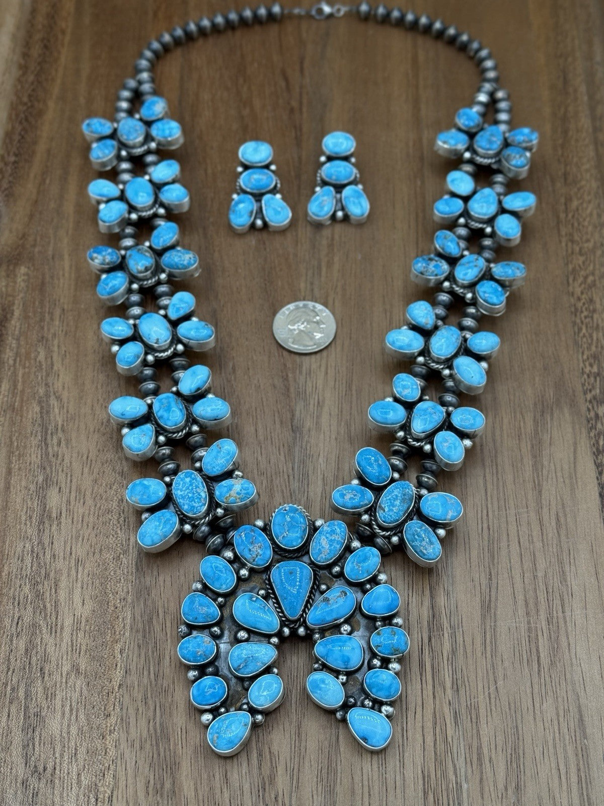 Navajo Handmade Sterling Silver Blue Ridge Turquoise Squash Blossom Necklace