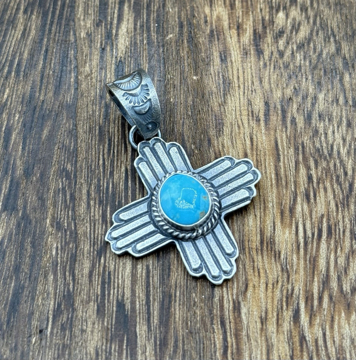 Navajo Handmade Sterling Silver Old Look Kingman Turquoise Zia Pendant Kevin B.