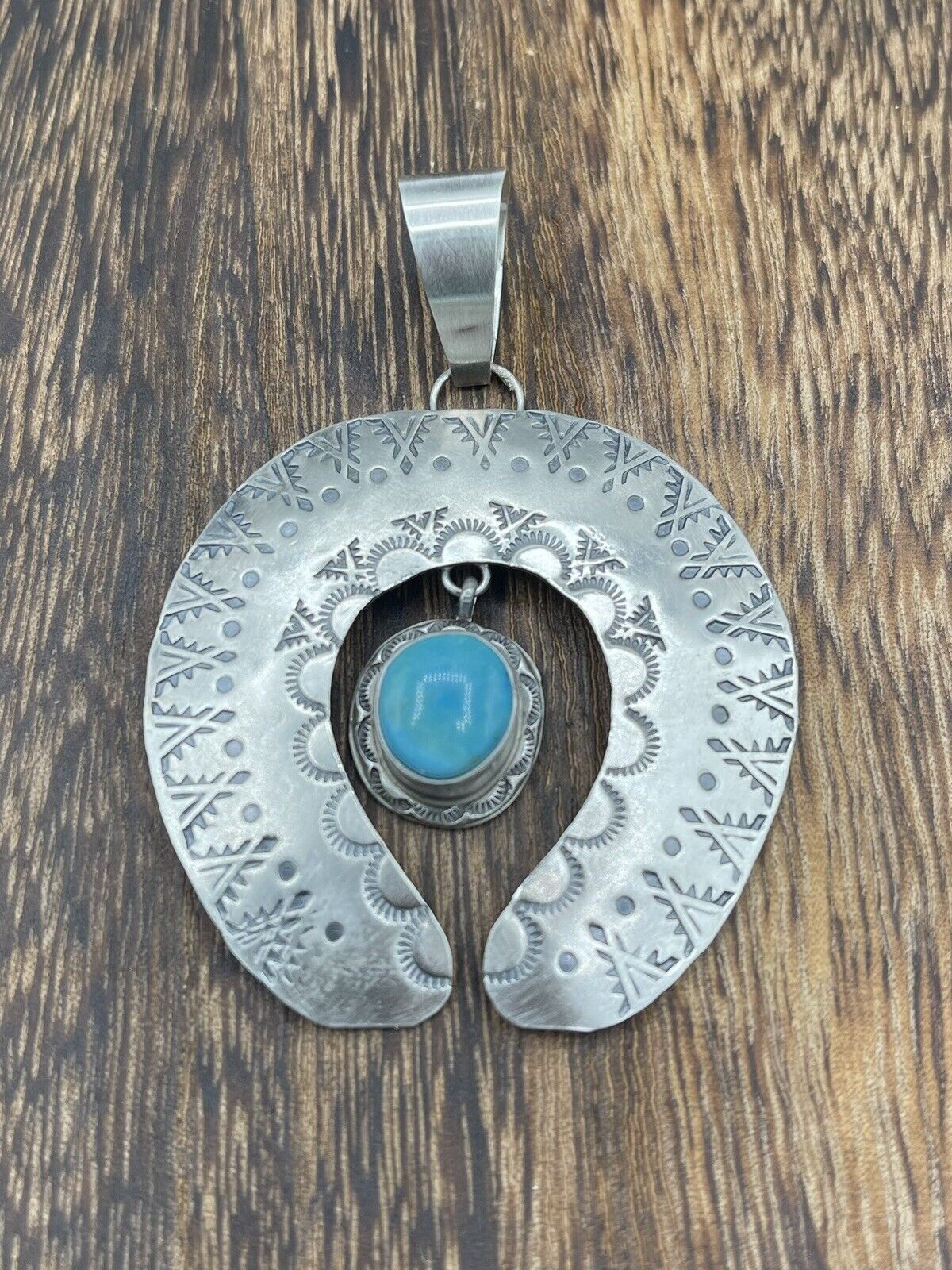 Native American Sterling Silver Navajo Handmade Stamped Turquoise Naja Pendant