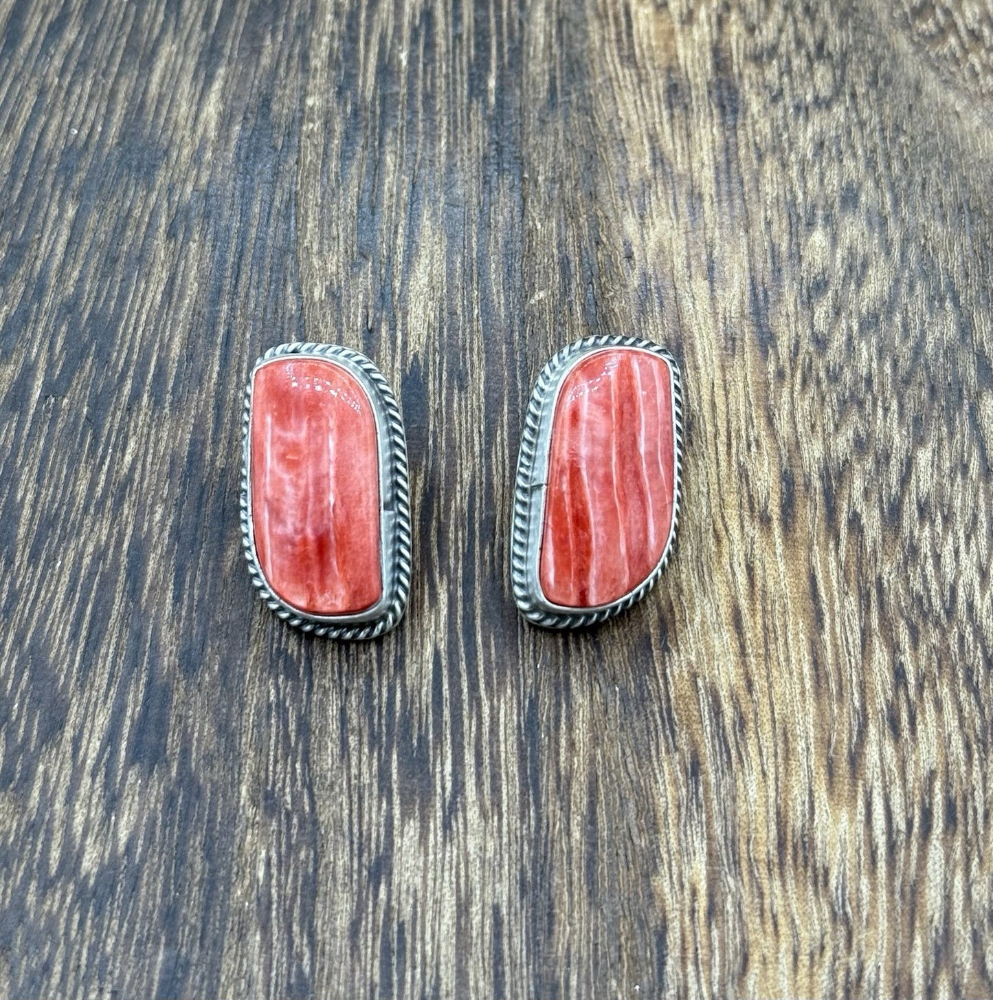 Native Navajo Handmade Sterling Silver Red Spiny Oyster Shell Post Stud Earrings