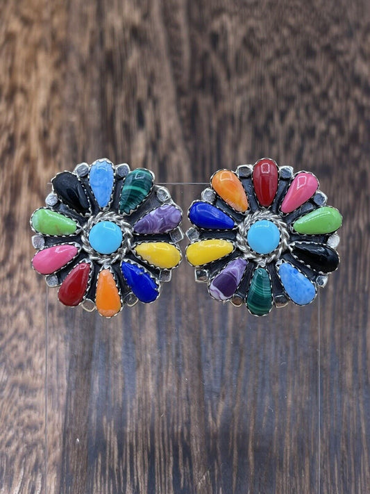 Native American Navajo Handmade Sterling Silver Multicolor Cluster Stud Earrings