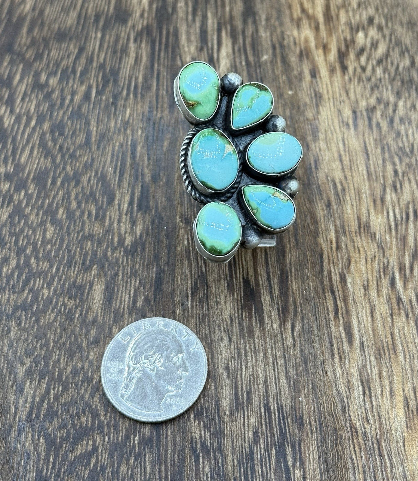 Navajo Handmade Sterling Silver Sonoran Gold Turquoise Half Cluster Ring Size 8