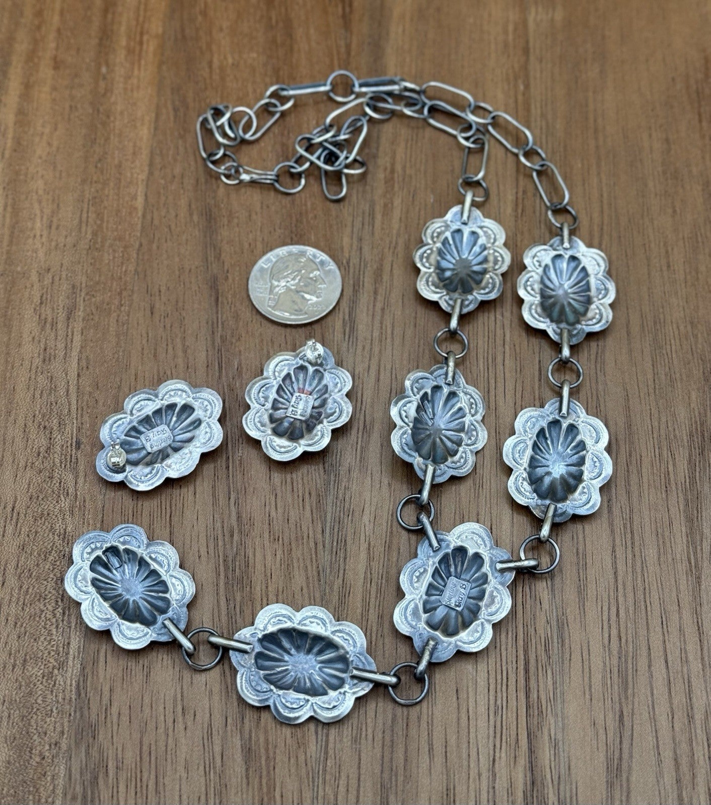 Navajo Handmade Sterling Silver Stamped Concho Old Look Lariat Necklace Set 24”