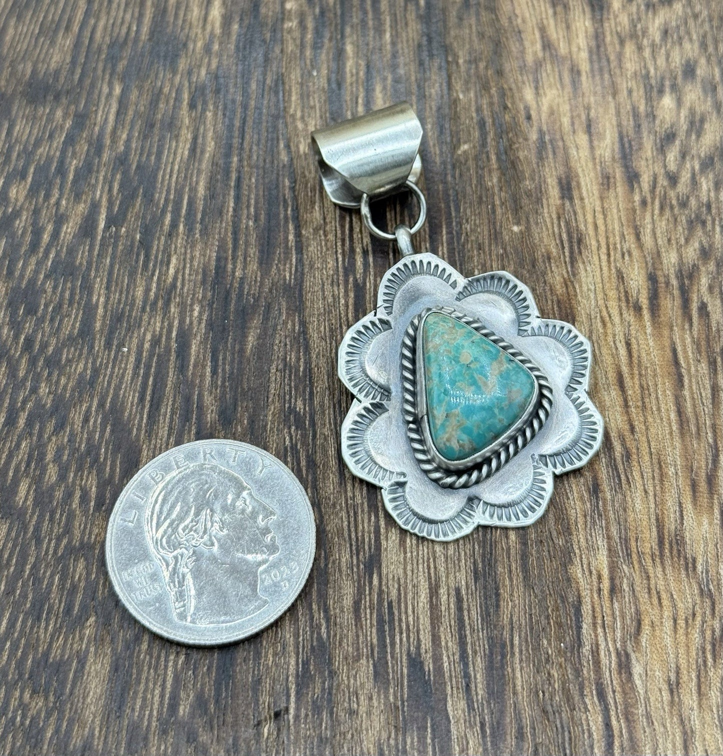 Navajo Handmade Sterling Silver Royston Turquoise Stamped Design Drop Pendant