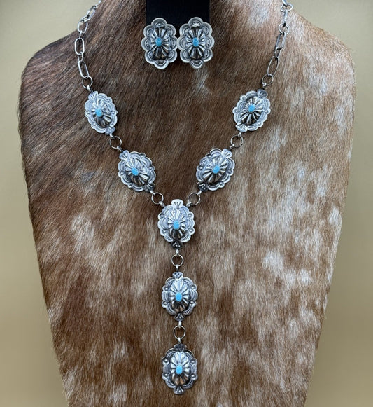 Navajo Handmade Sterling Silver Stamped Concho Turquoise Lariat Necklace Set 24”