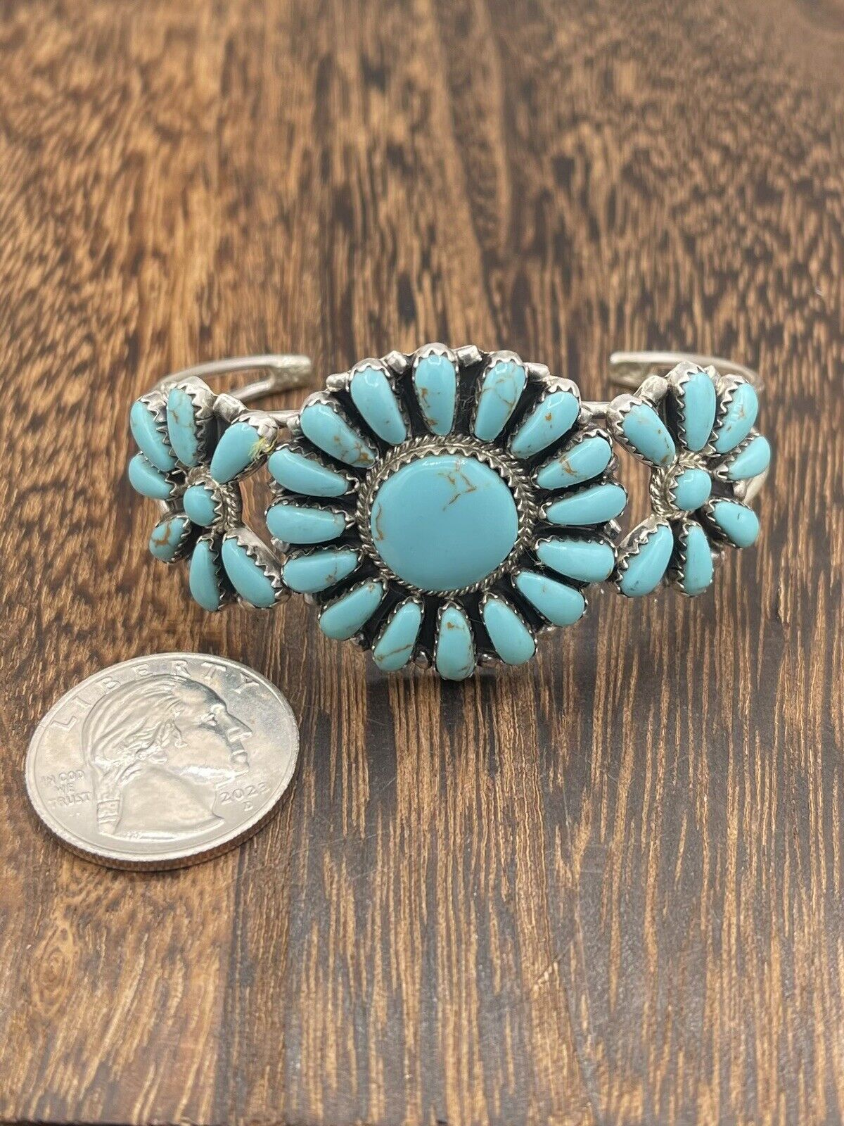 Native American Sterling Silver Navajo Handmade Kingman Turquoise Cuff Bracelet