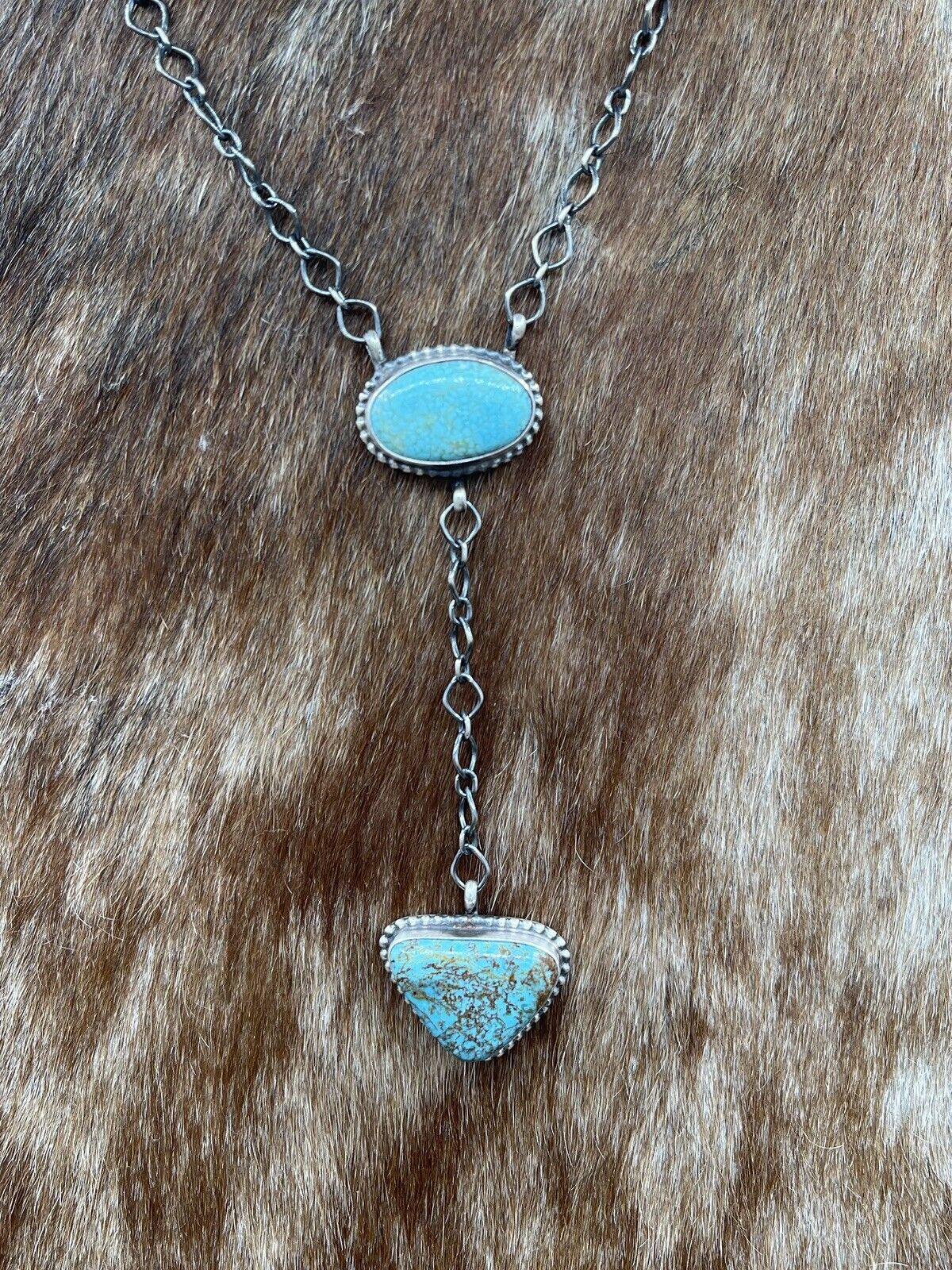 Native American Navajo Handmade Silver Egyptian Turquoise Y Lariat Necklace 16”