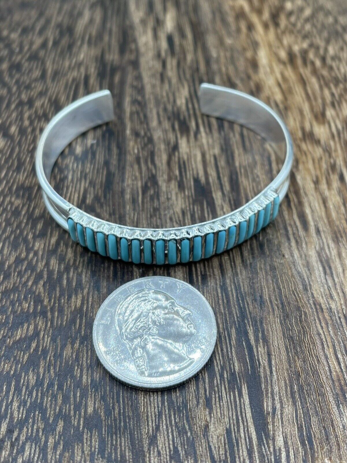 Native American Zuni Handmade Sterling Silver Turquoise Stacker Cuff Bracelet