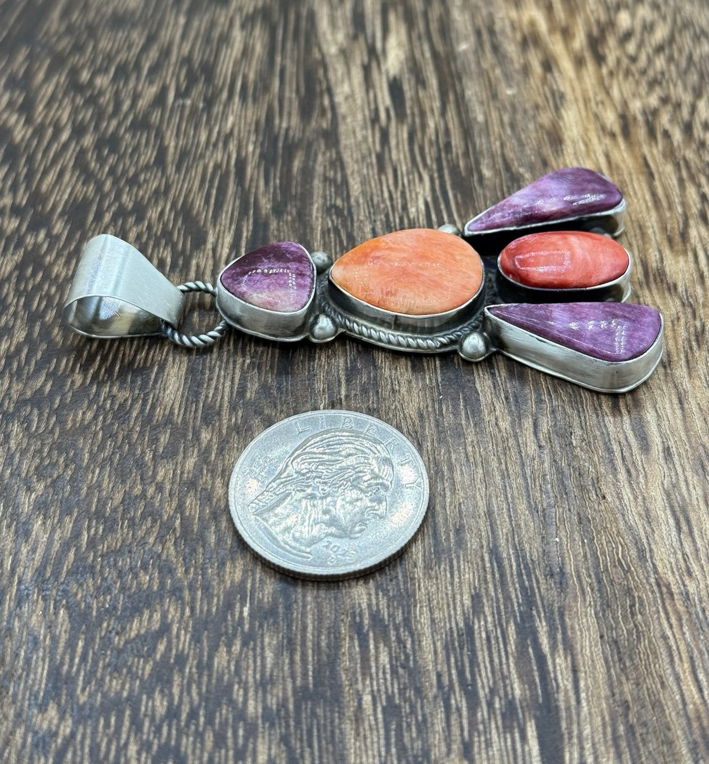 Native Navajo Handmade Sterling Silver Multi Spiny Oyster Shell Cluster Pendant