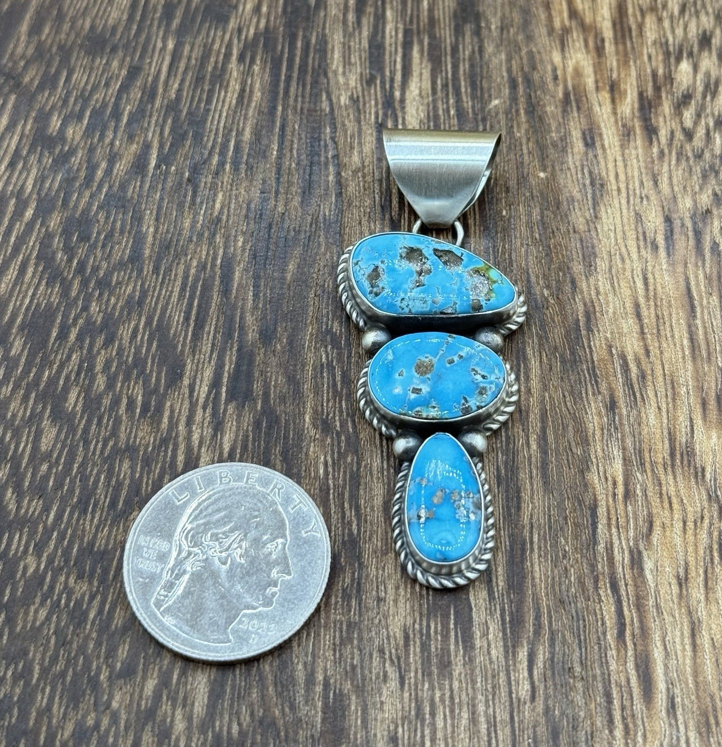 Native Navajo Handmade Sterling Silver Blue Bird Turquoise Cluster Drop Pendant