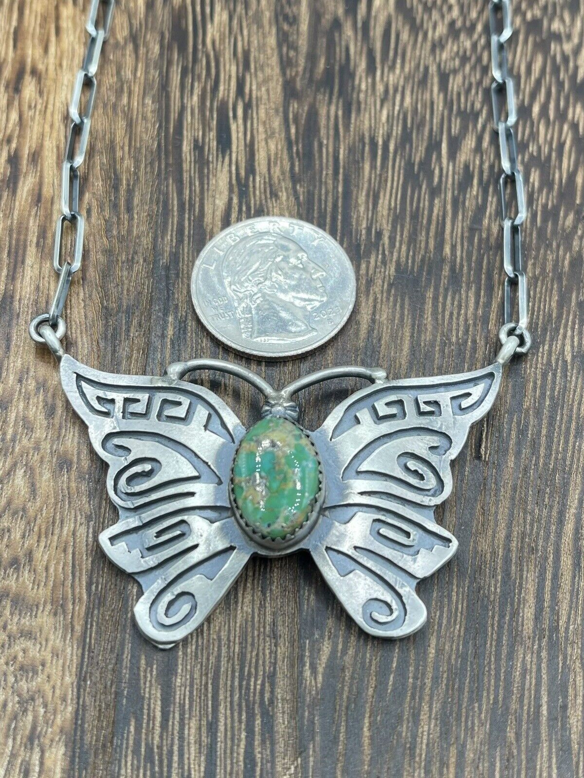 Native American Sterling Silver Navajo Handmade Turquoise Butterfly Necklace